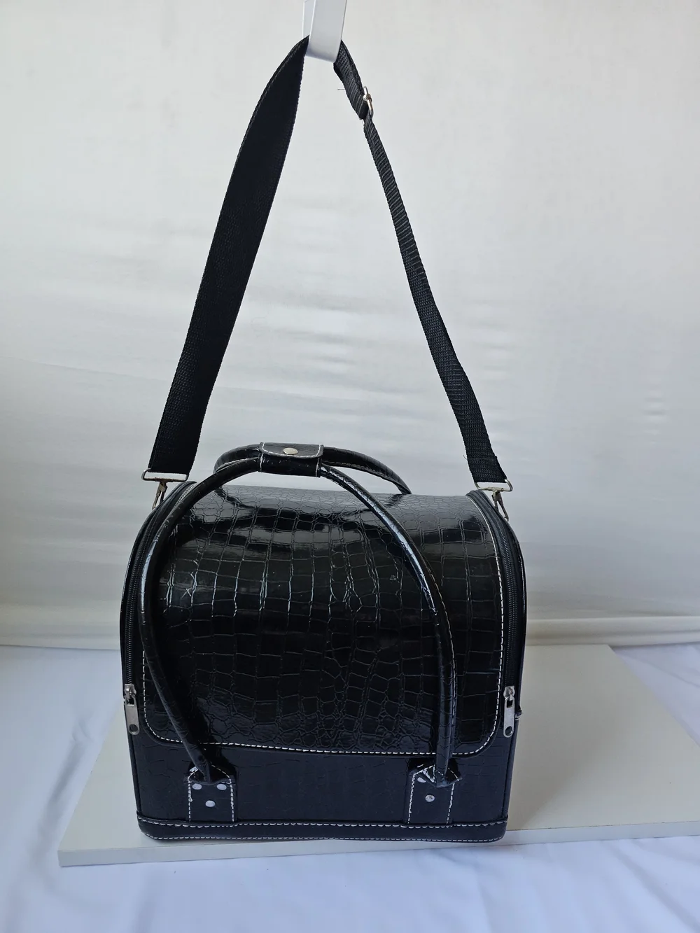 Black Faux Croc Cantilever Makeup Train Case Vintage Style Travel Vanity Bag